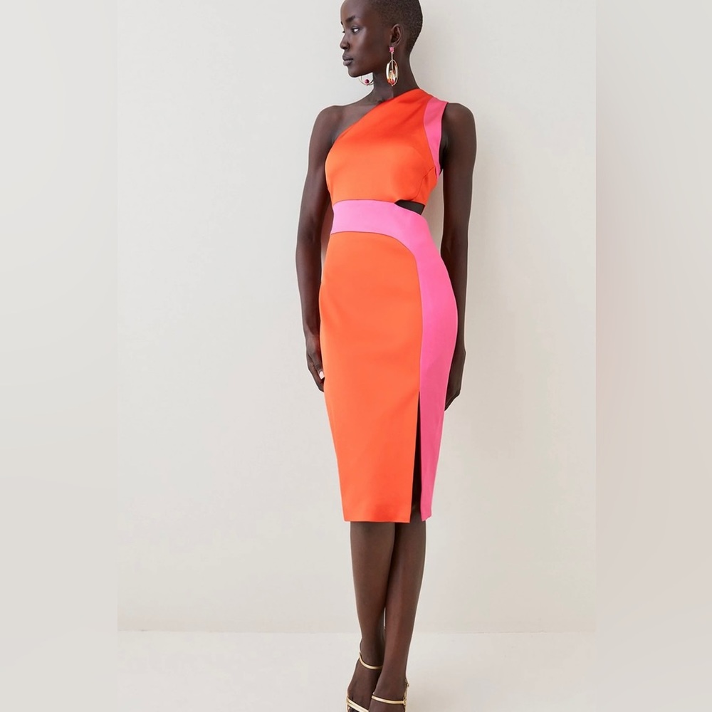 Karen Millen Italian Structured Satin Tailored Asymmetric Pencil Midi Dress